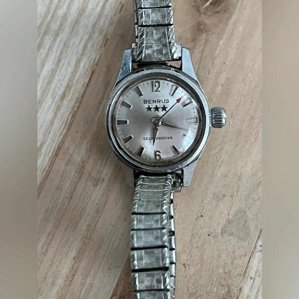 Benrus 3 Stars Ladies Watch Rare Vintage Self-Winding Silver Dial Stretch Band